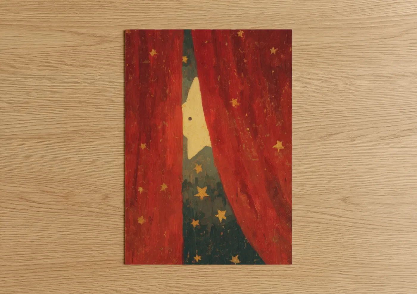 Star art print on warm oak wood — red and gold palette — Celestial Dreamer poster