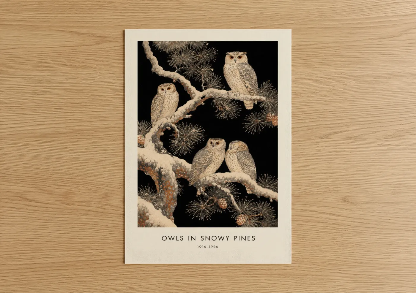 Art print on warm oak wood — beige and black palette — Snowy Pine Owls Winter Wall Art poster