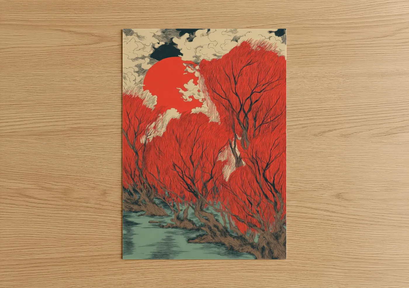 Willow forest art print on warm oak wood — red and teal palette — Crimson Willow Sunset poster