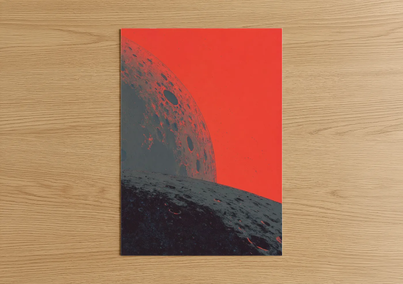 Solar system art print on warm oak wood — red and black and white palette — Crimson Moon Rise poster