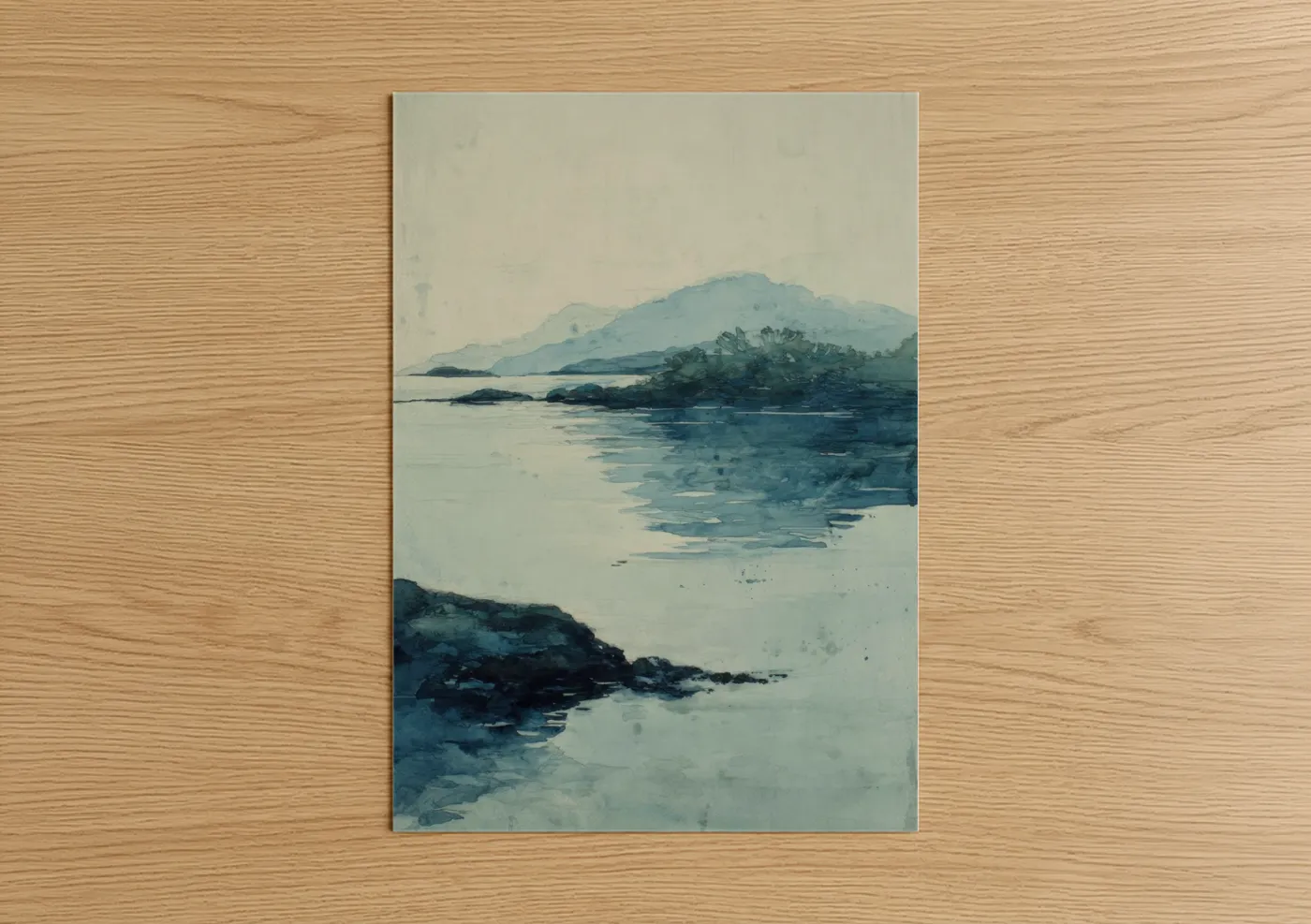Misty Mountain Lake Watercolor Seascape Wall Art