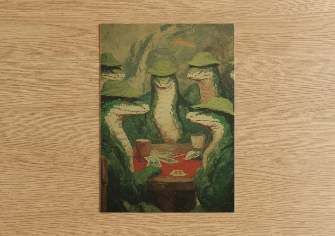 Art print on warm oak wood — green and cream palette — Poker Pythons poster
