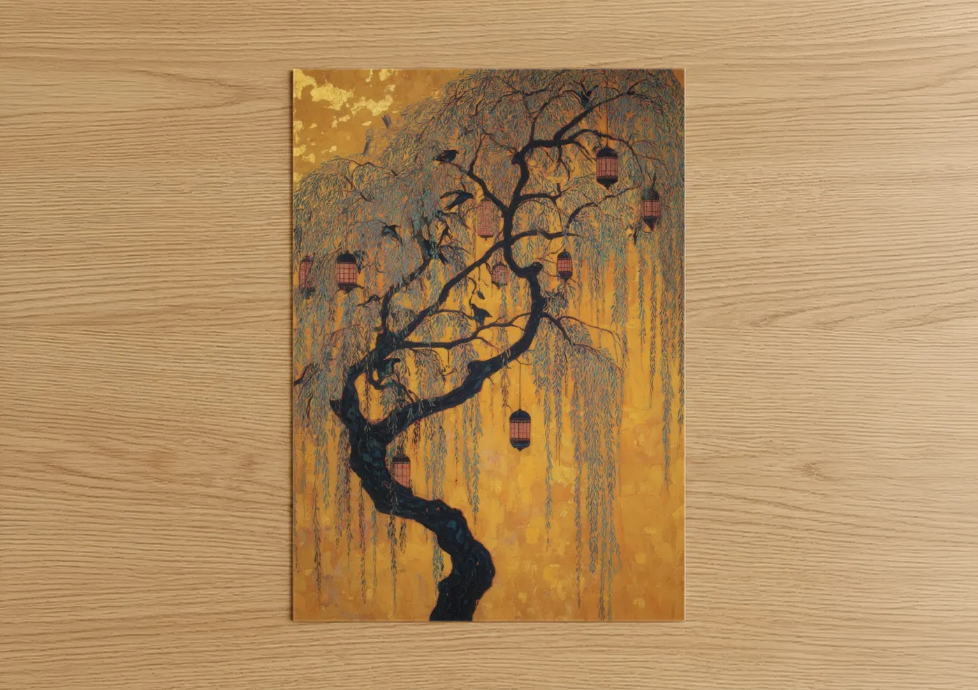 Golden Willow Tree with Lanterns Wall Art