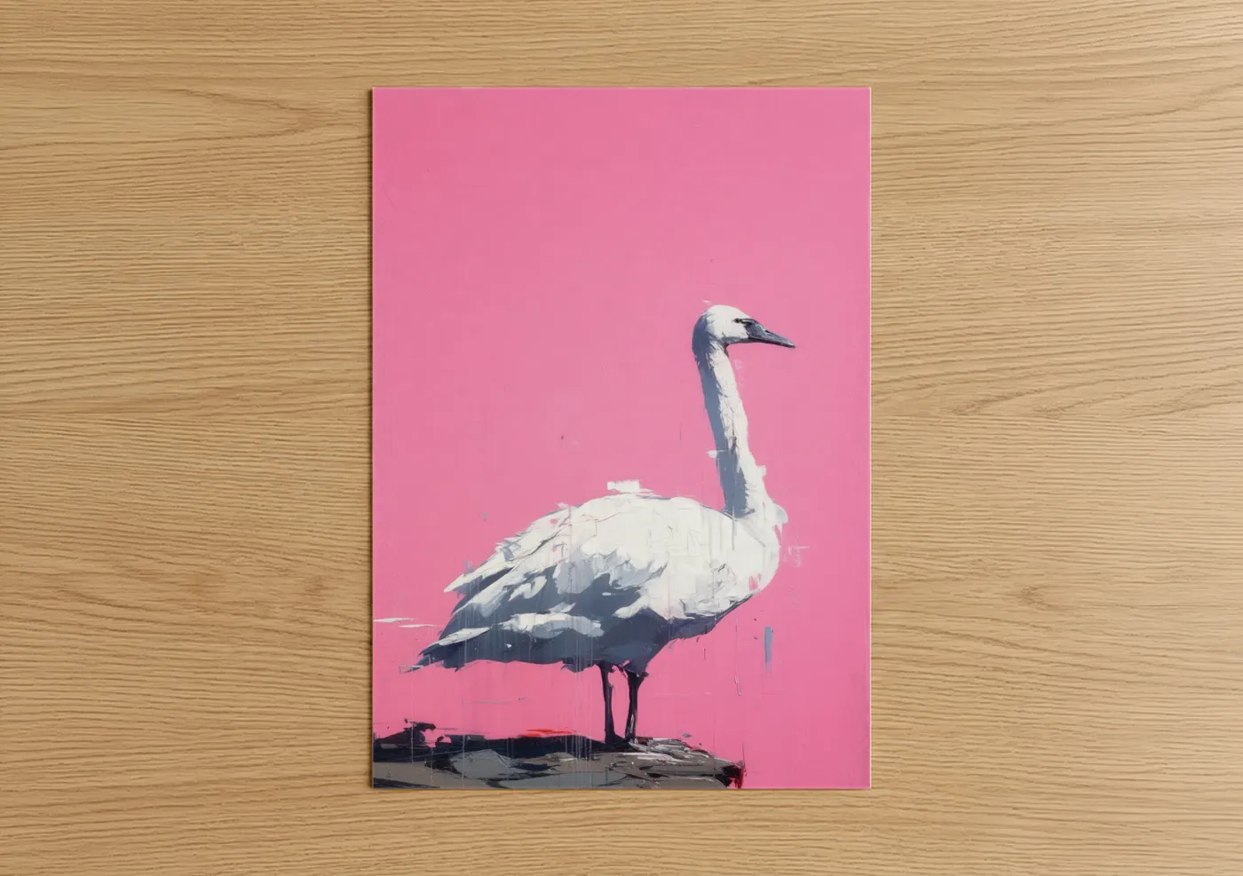 Art print on warm oak wood — pink and white palette — Pink Swan poster