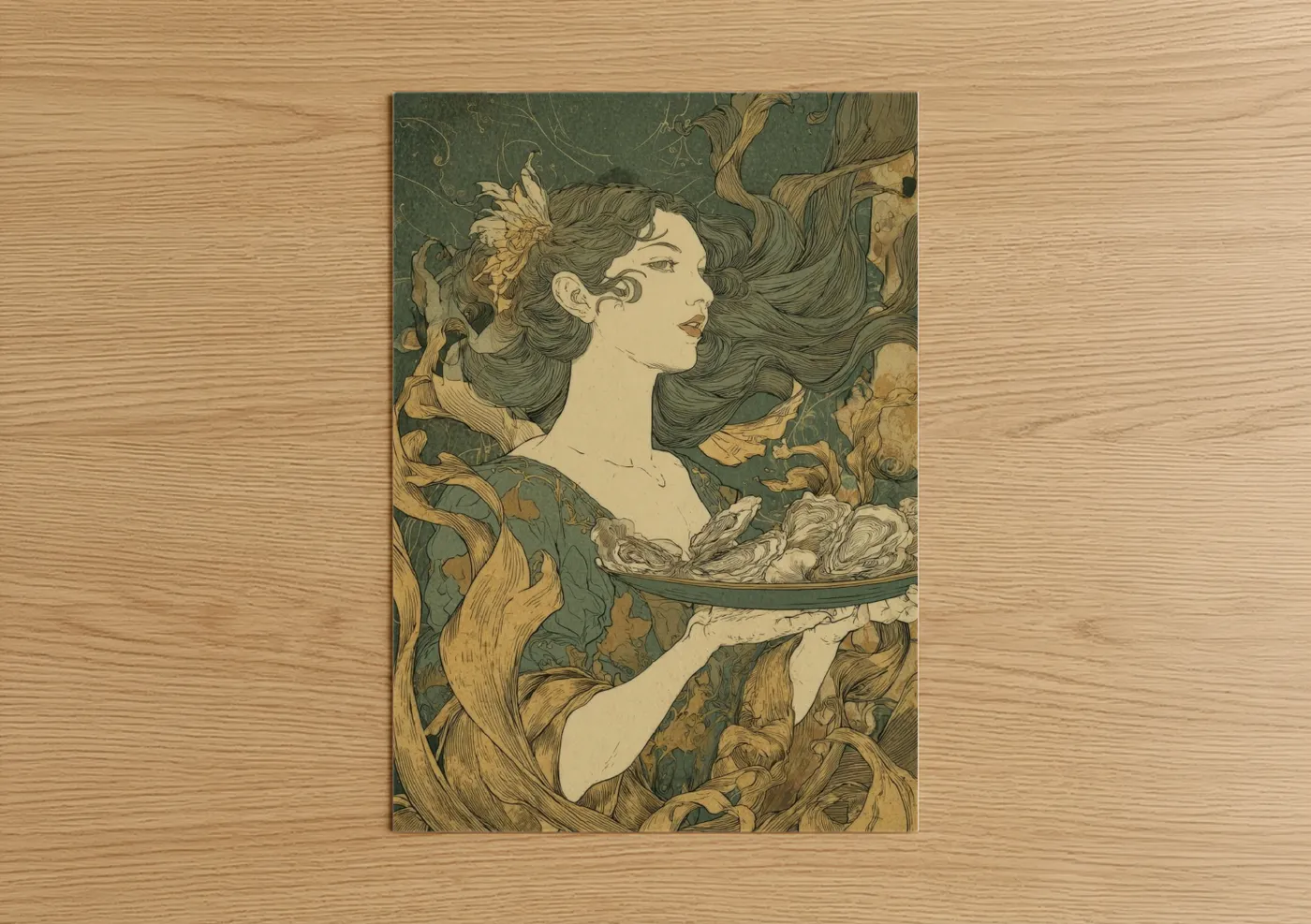 Seafood art print on warm oak wood — teal and gold palette — Emerald Elegance Woman poster