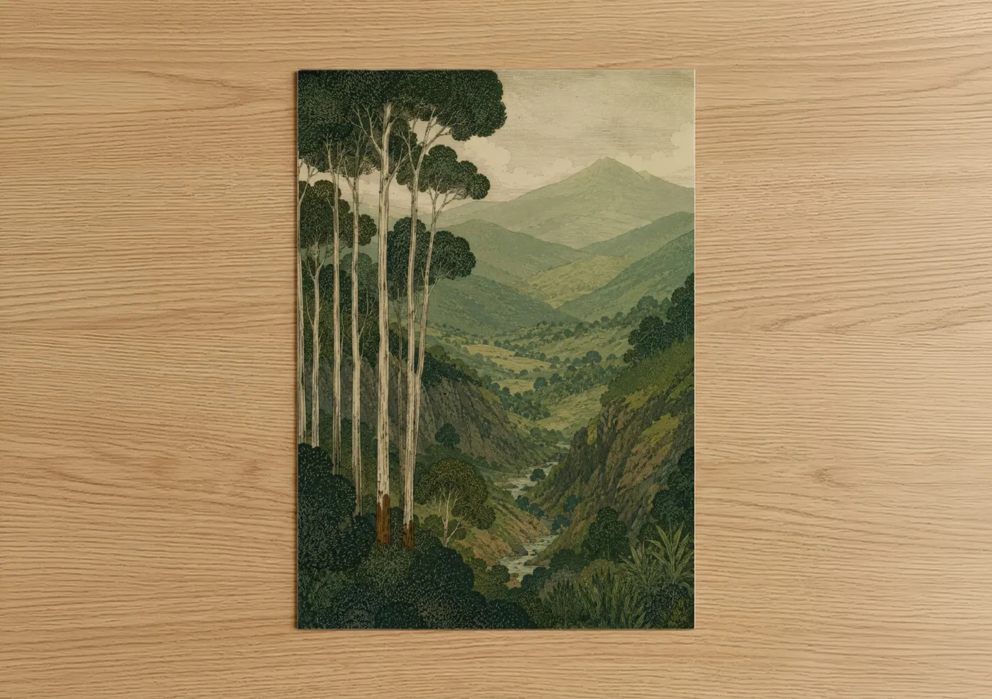 Art print on warm oak wood — true green and beige palette — Mountain Valley Forest Landscape Wall Art poster