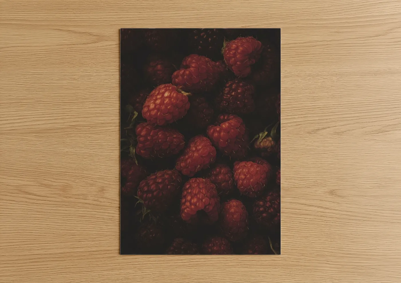 Fruit art print on warm oak wood — maroon and black palette — Crimson Raspberries poster
