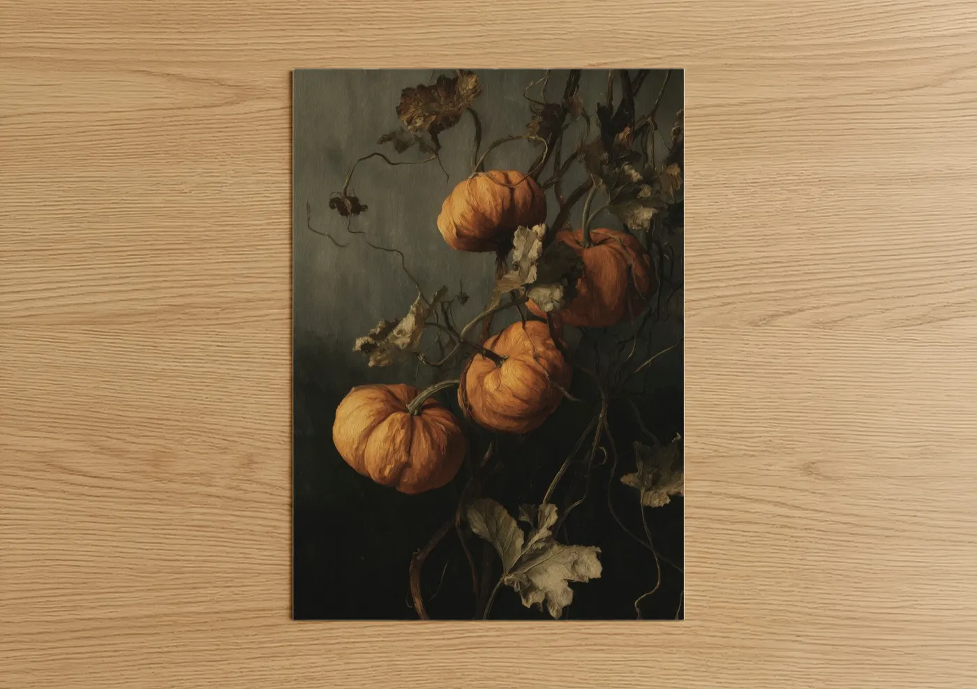 Art print on warm oak wood — gold and dove gray palette — Autumn Pumpkins poster