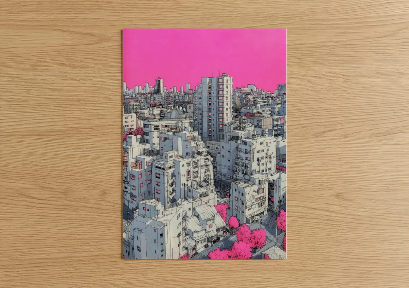 Abstract architecture art print on warm oak wood — magenta and blue palette — Neon Urban Skyline poster