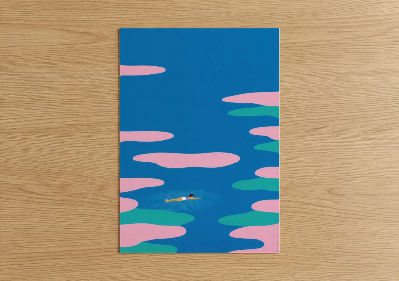 Swimming art print on warm oak wood — blue and pink palette — Abstract Swimmer poster