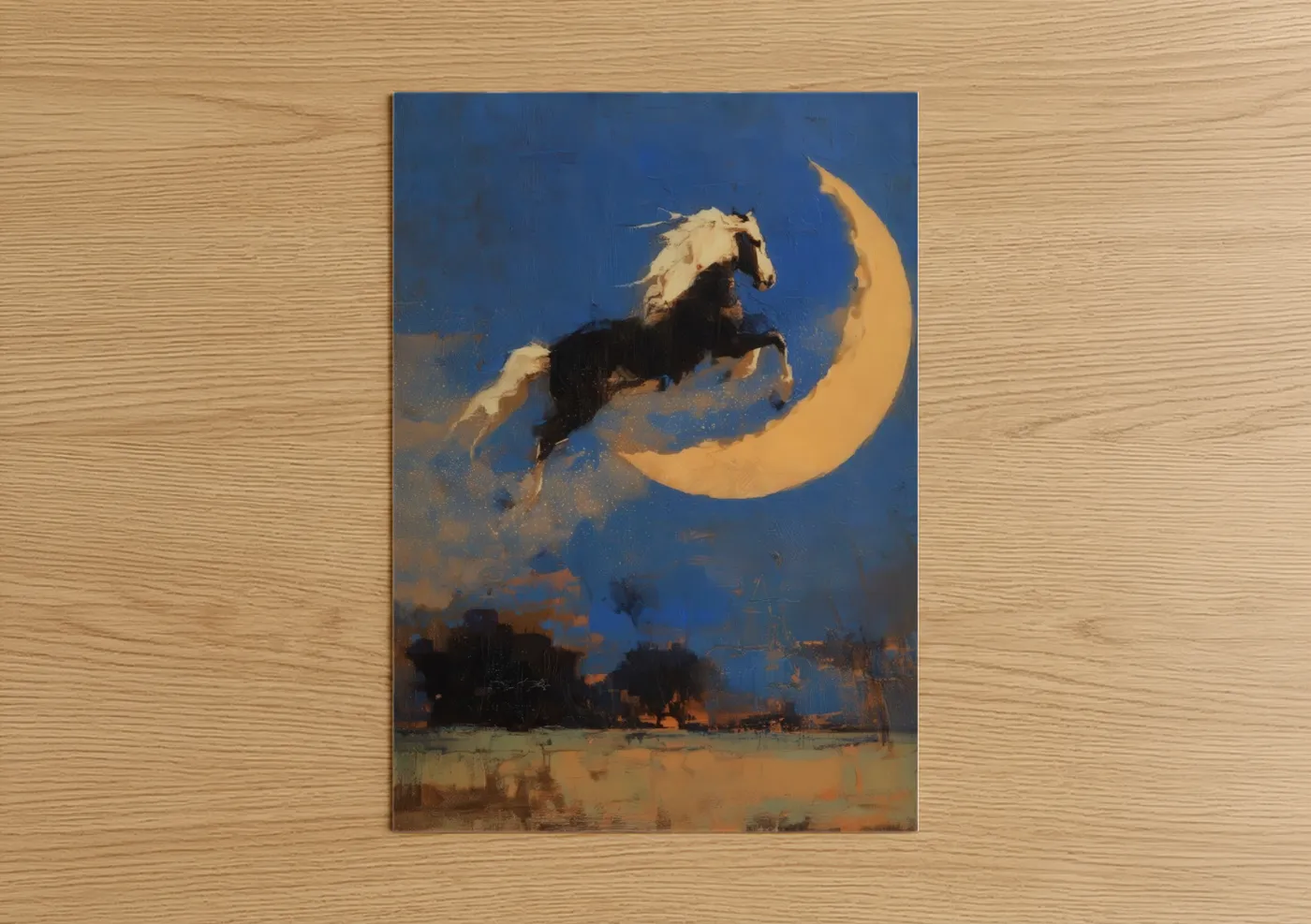 Clydesdale horse art print on warm oak wood — blue and yellow gold palette — Moonlit Clydesdale poster