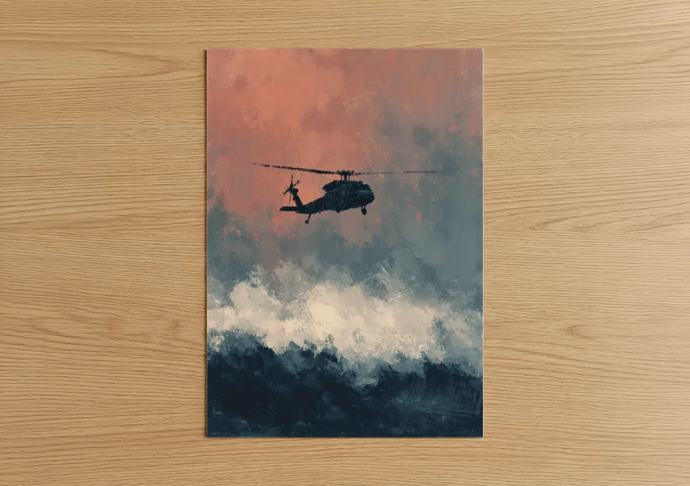 Art print on warm oak wood — peach and blue and gray palette — Misty Helicopter poster