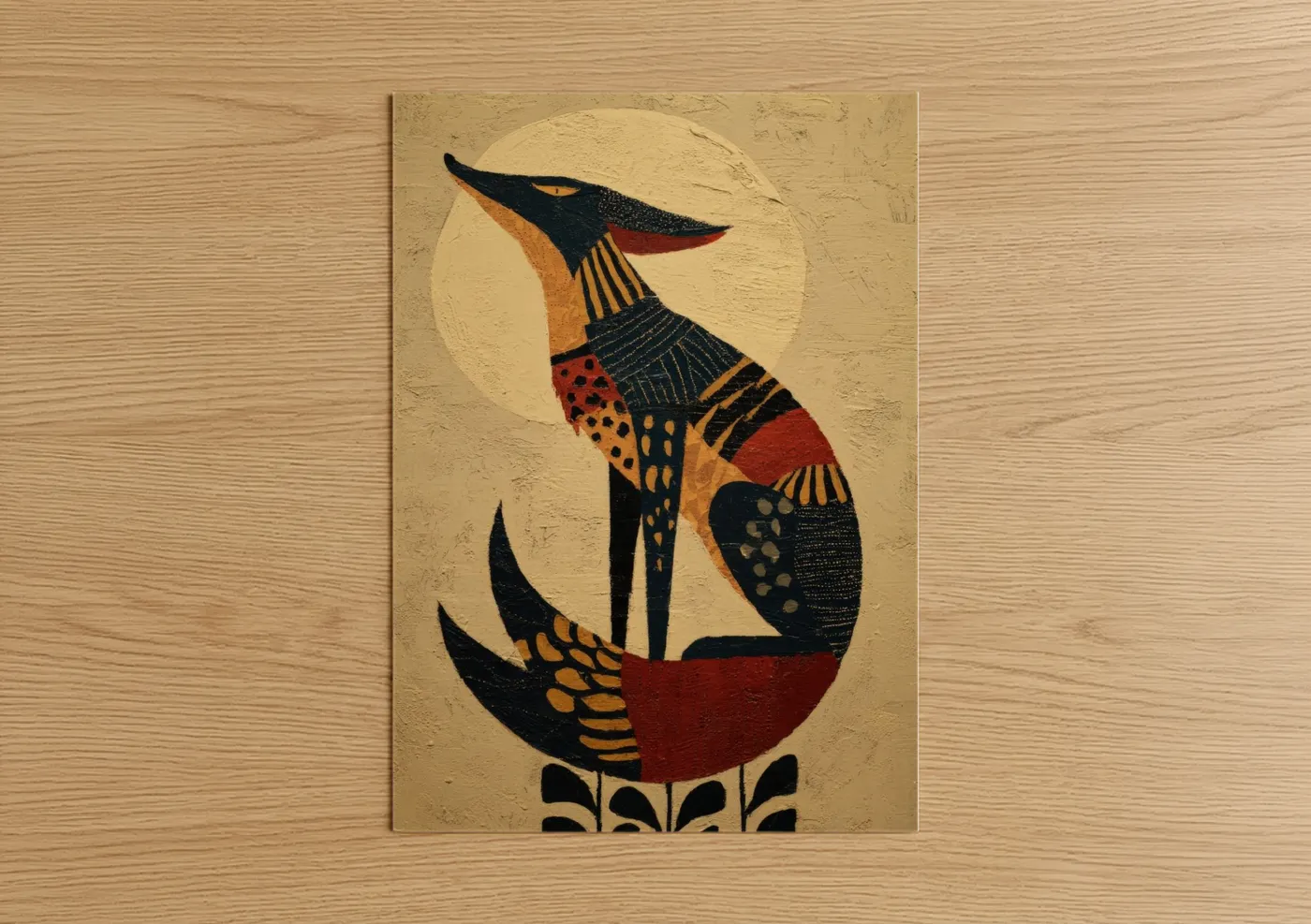 Art print on warm oak wood — gold and russet palette — Geometric Coyote poster