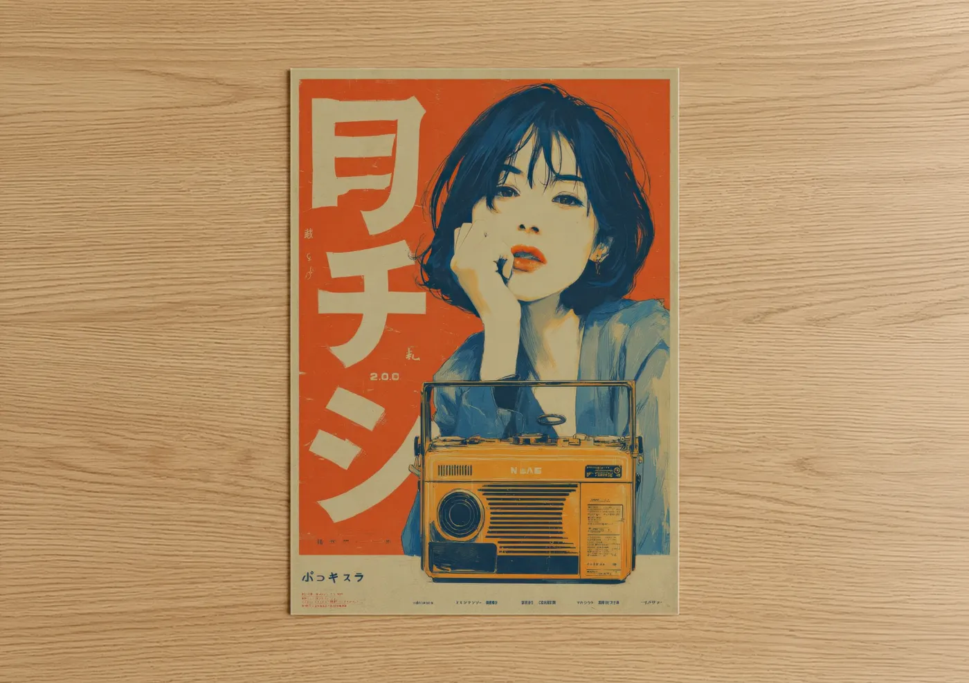 Vintage japanese ads art print on warm oak wood — russet and dark blue palette — Retro Radio Girl poster
