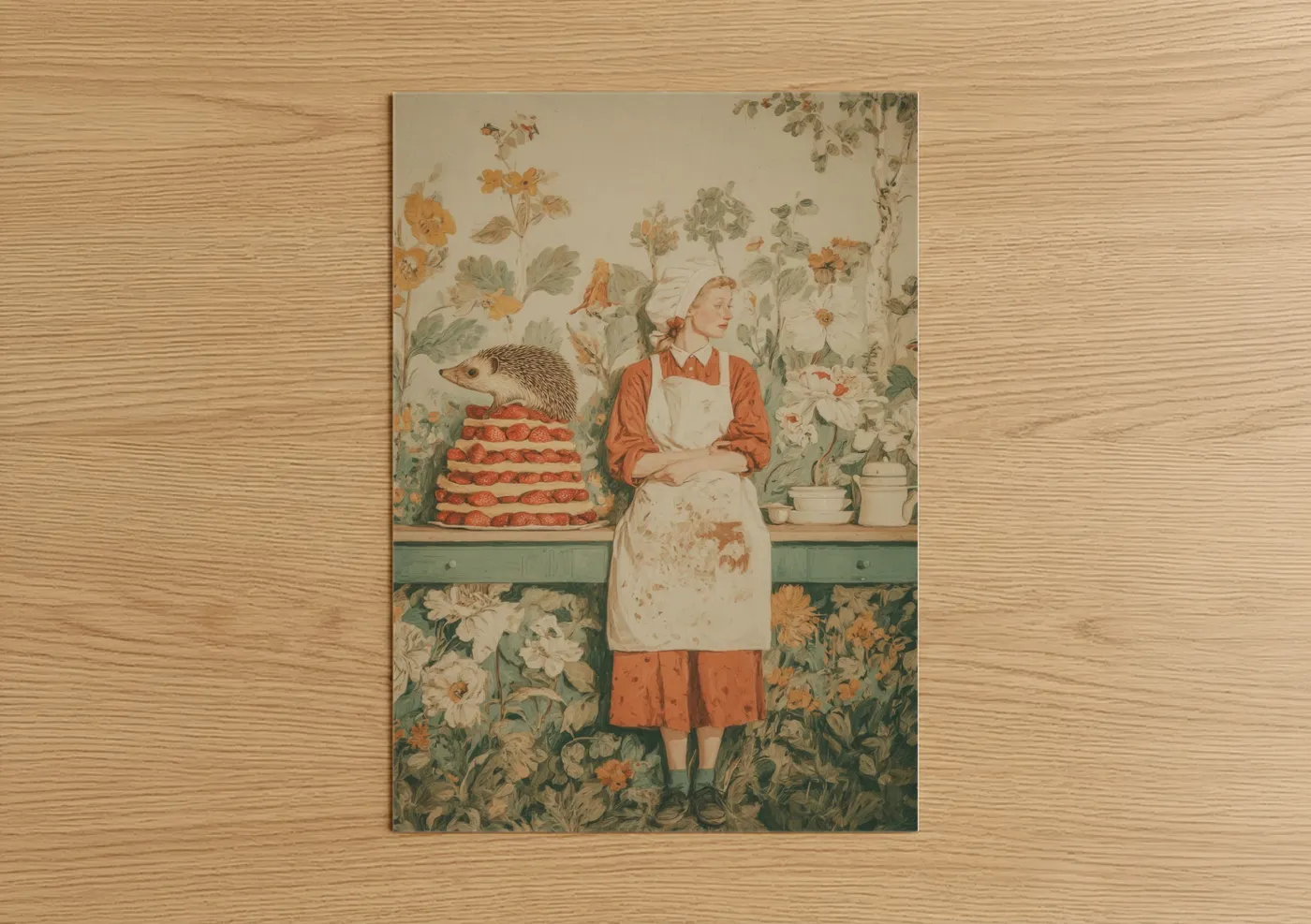 Art print on warm oak wood — sage green palette — Hedgehog Baker poster