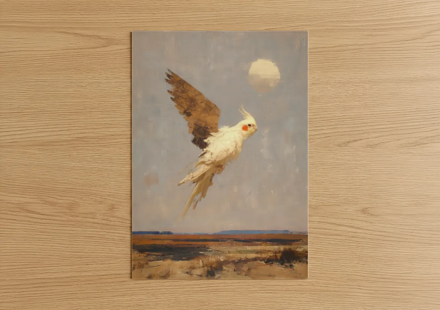 White Cockatiel Flying Desert Landscape Wall Art