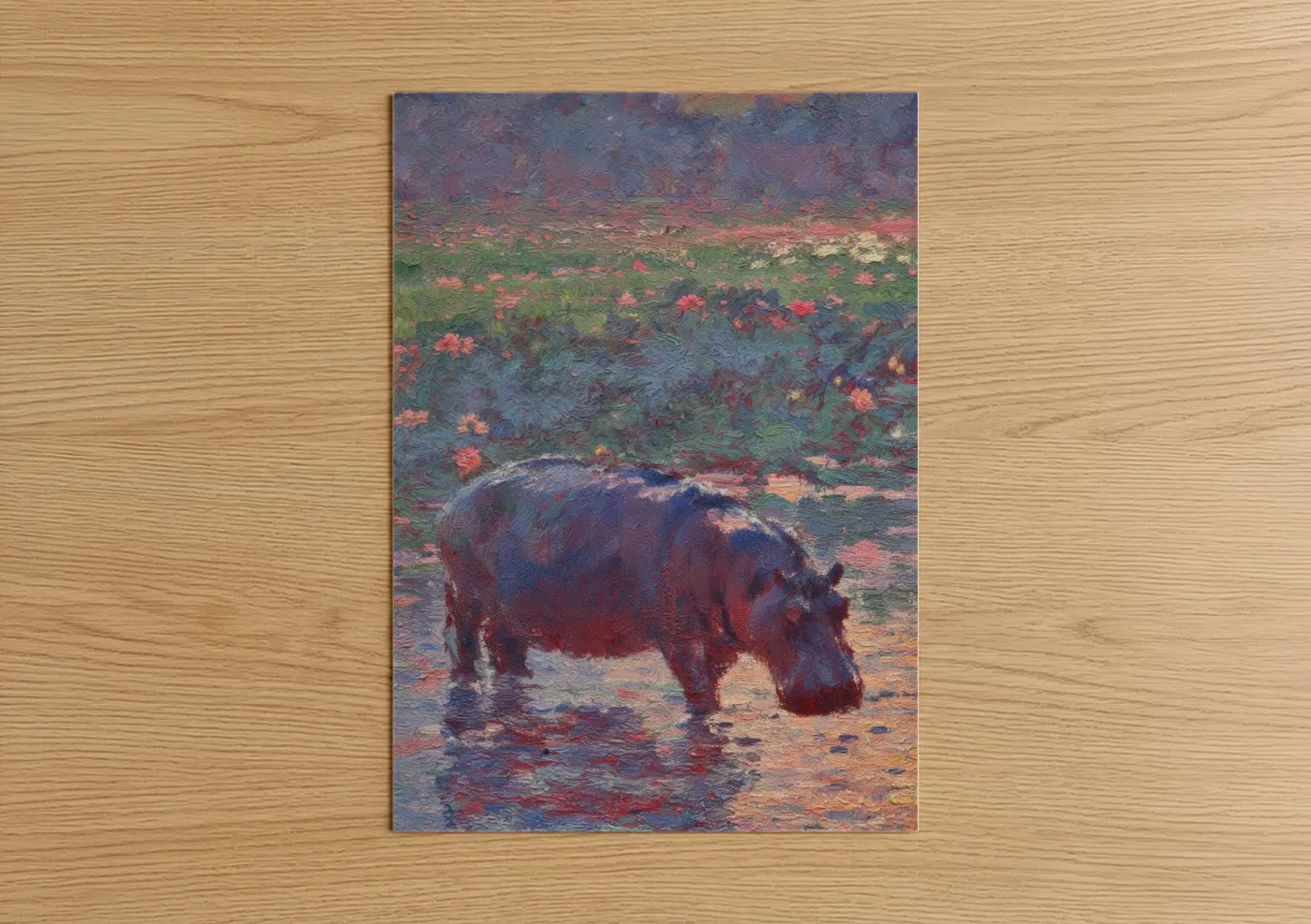 Art print on warm oak wood — blue and pink palette — Bathing Hippo poster