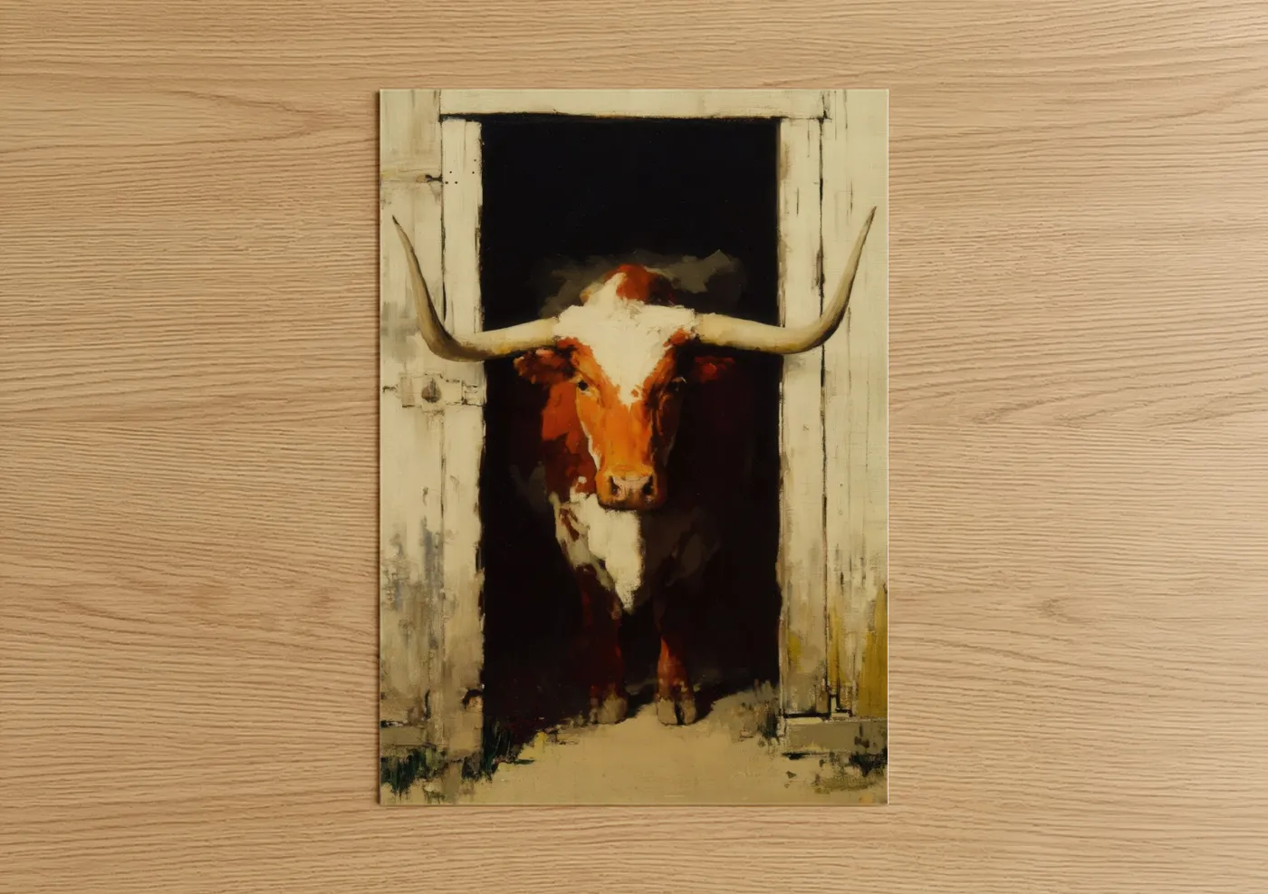 Longhorn cow art print on warm oak wood — russet and cream palette — Rustic Longhorn Portrait poster