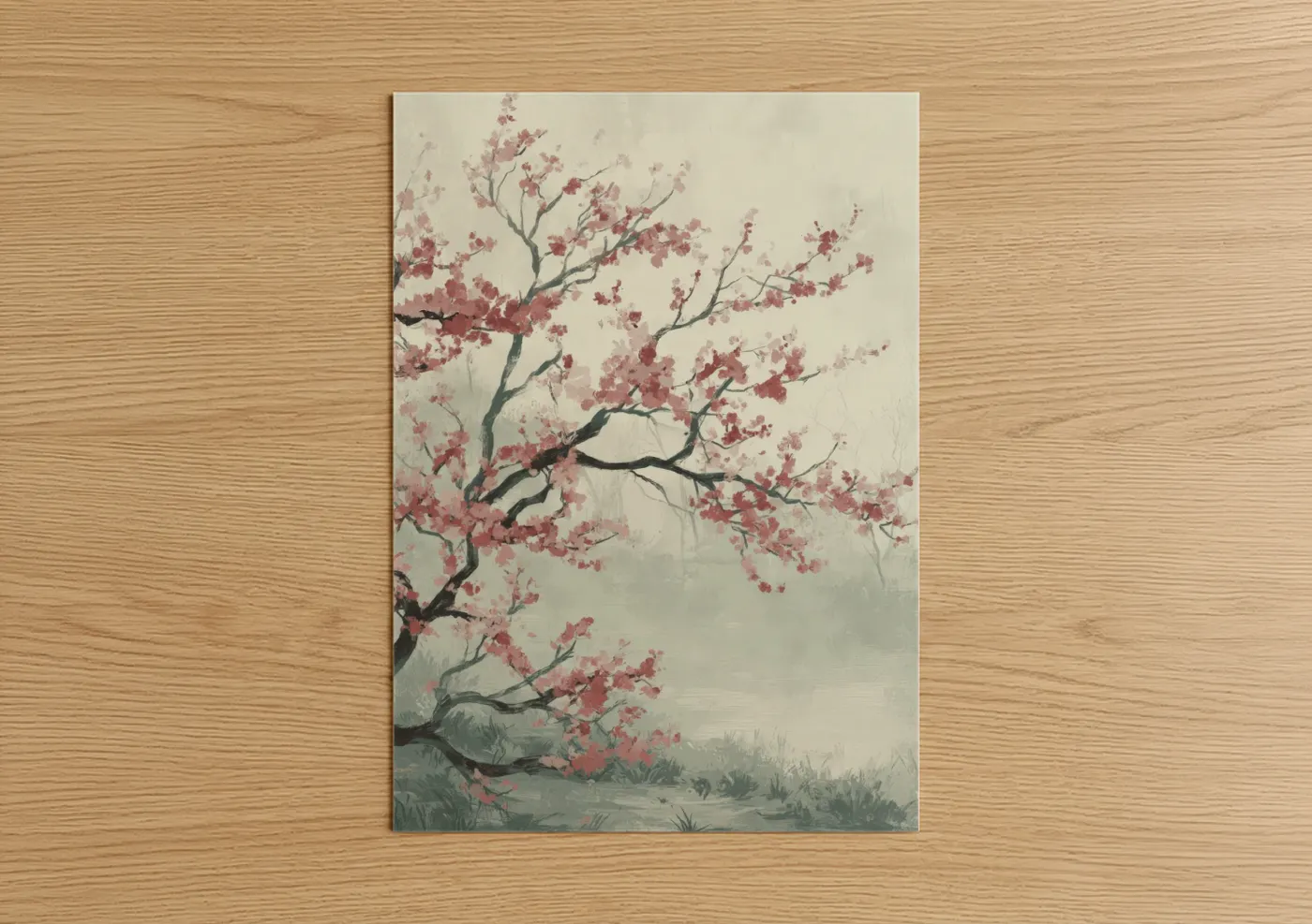 Art print on warm oak wood — cream and rose gold palette — Misty Cherry Blossoms poster