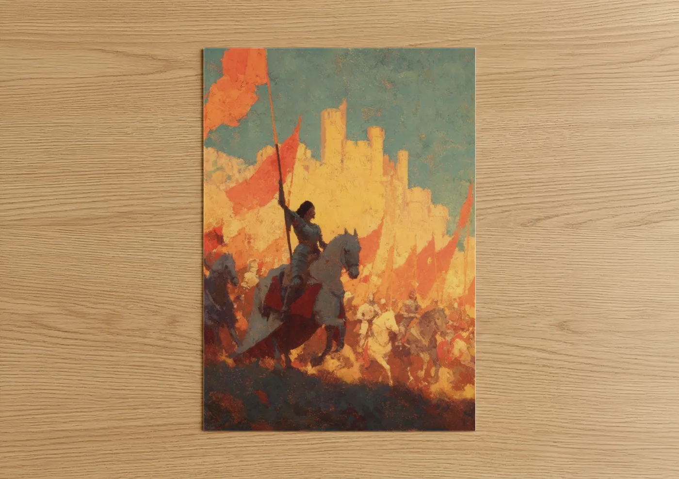 Joan of arc art print on warm oak wood — orange and gold palette — Fiery Saint Joan poster