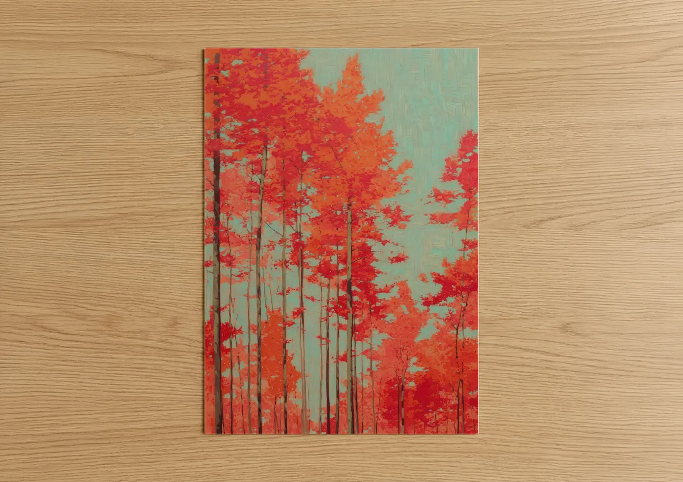 Art print on warm oak wood — red and turquoise palette — Crimson Maple Forest poster