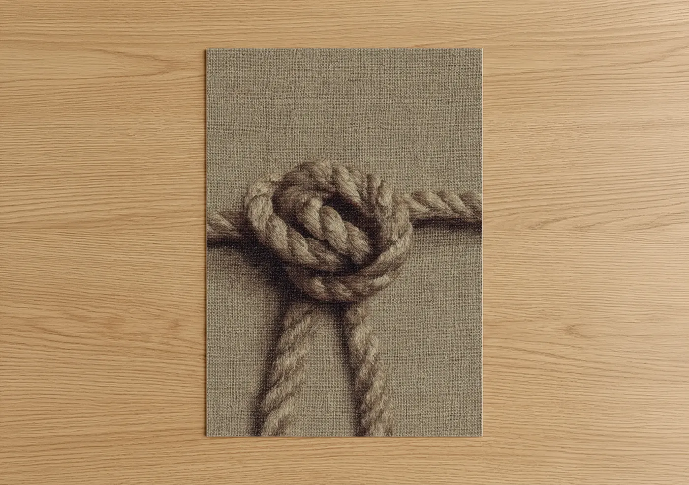 Rope knots art print on warm oak wood — beige and brown palette — Nautical Knot Study poster