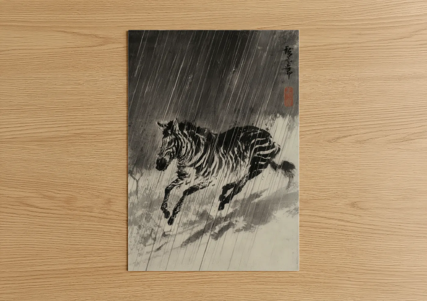 Art print on warm oak wood — black and white and gray palette — Rainstorm Zebra poster