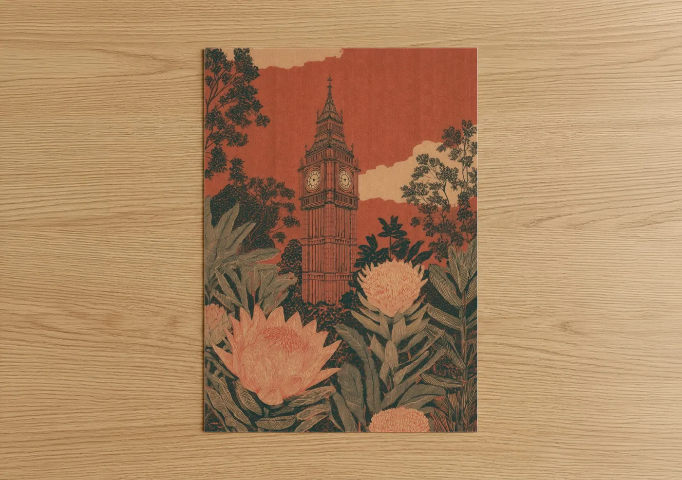 Art print on warm oak wood — cream palette — Big Ben Botanical poster