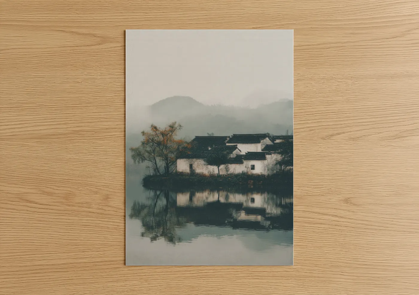 Art print on warm oak wood — gray and dove gray palette — Misty Village Reflection poster