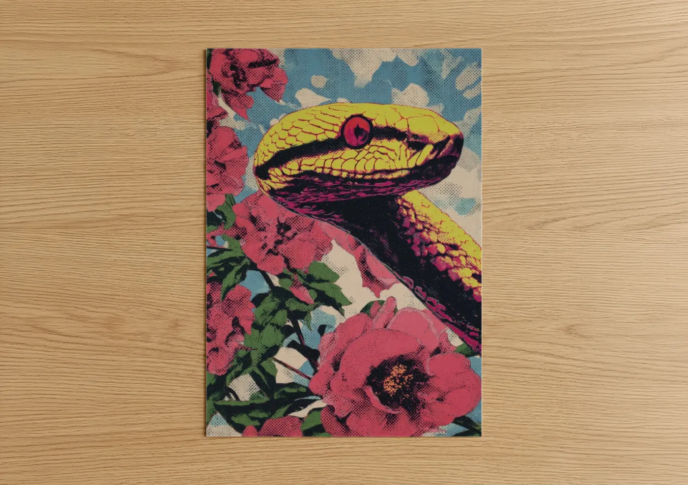 Boa constrictor art print on warm oak wood — magenta and yellow gold palette — Crimson Garden Boa poster