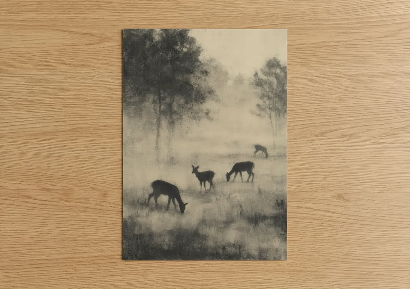 Hunting art print on warm oak wood — gray and white and black and white palette — Misty Deer Hunt poster