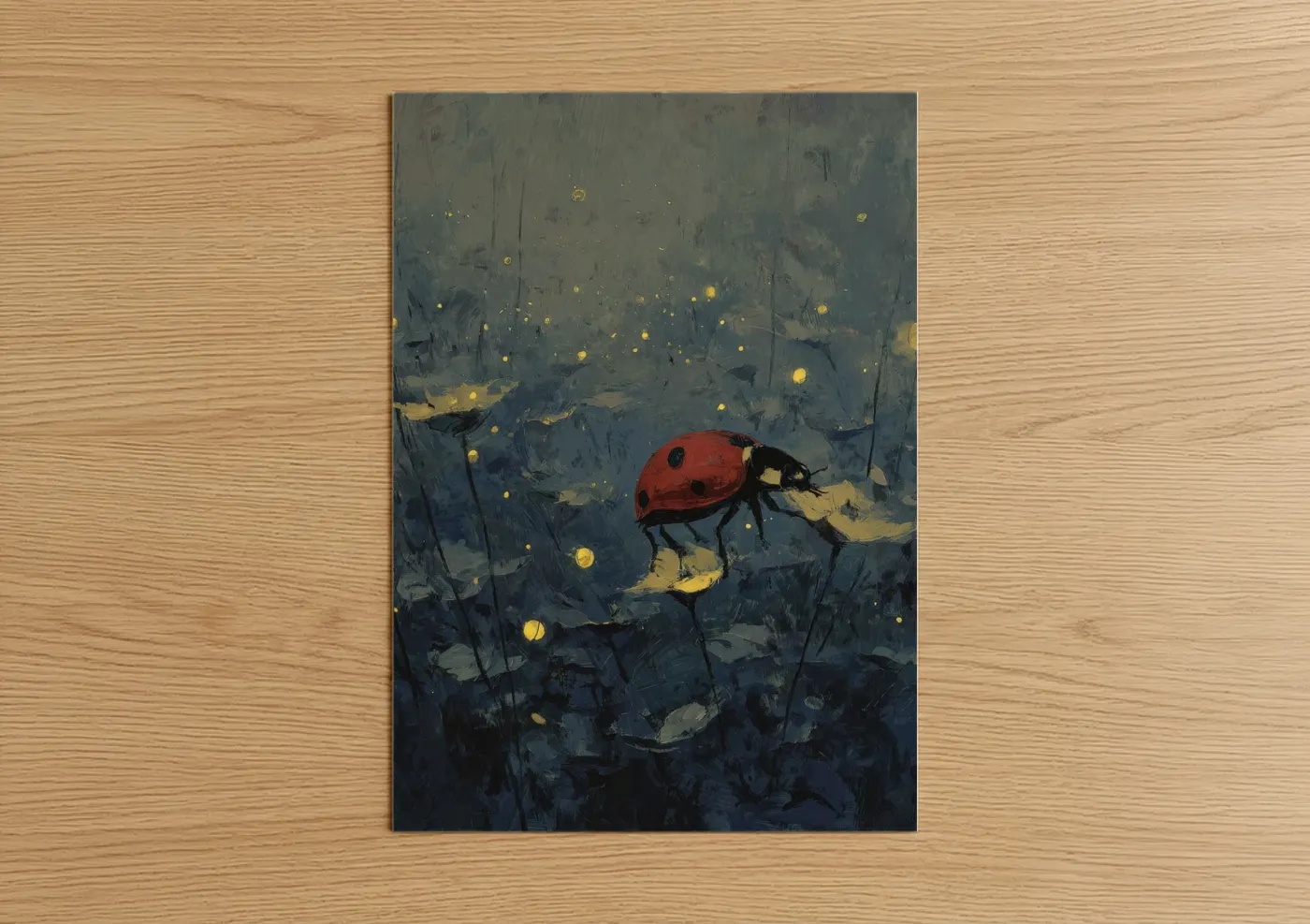 Glowing Ladybug Night Garden Illustration Wall Art