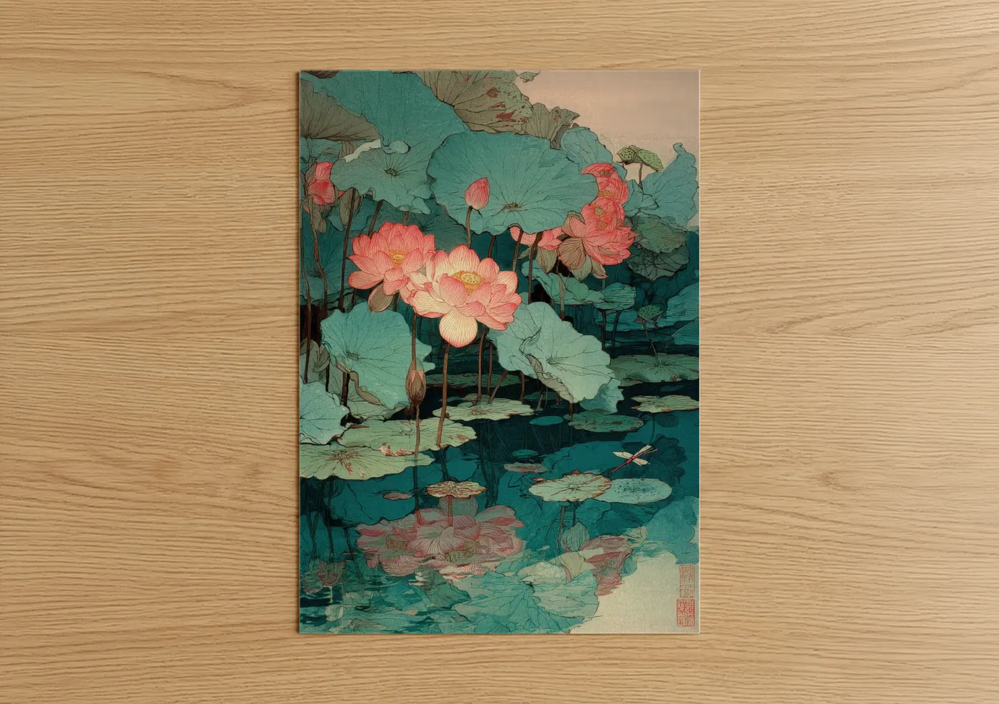 Art print on warm oak wood — teal and pink palette — Pink Lotus Garden poster