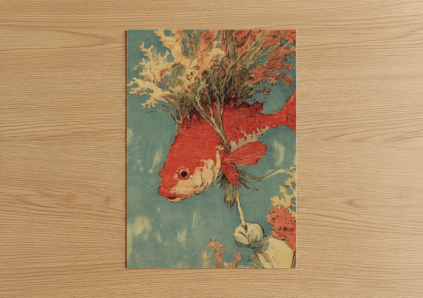 Art print on warm oak wood — red and teal palette — Crimson Coral Fish poster