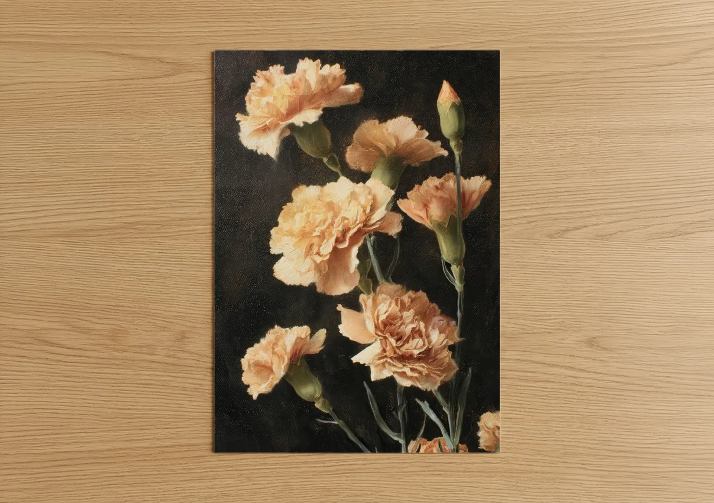 Art print on warm oak wood — peach and black palette — Peachy Carnations poster