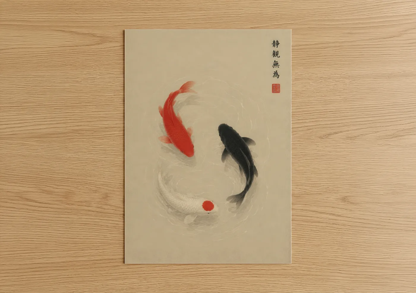 Art print on warm oak wood — beige and black and red palette — Koi Fish Yin Yang Wall Art poster