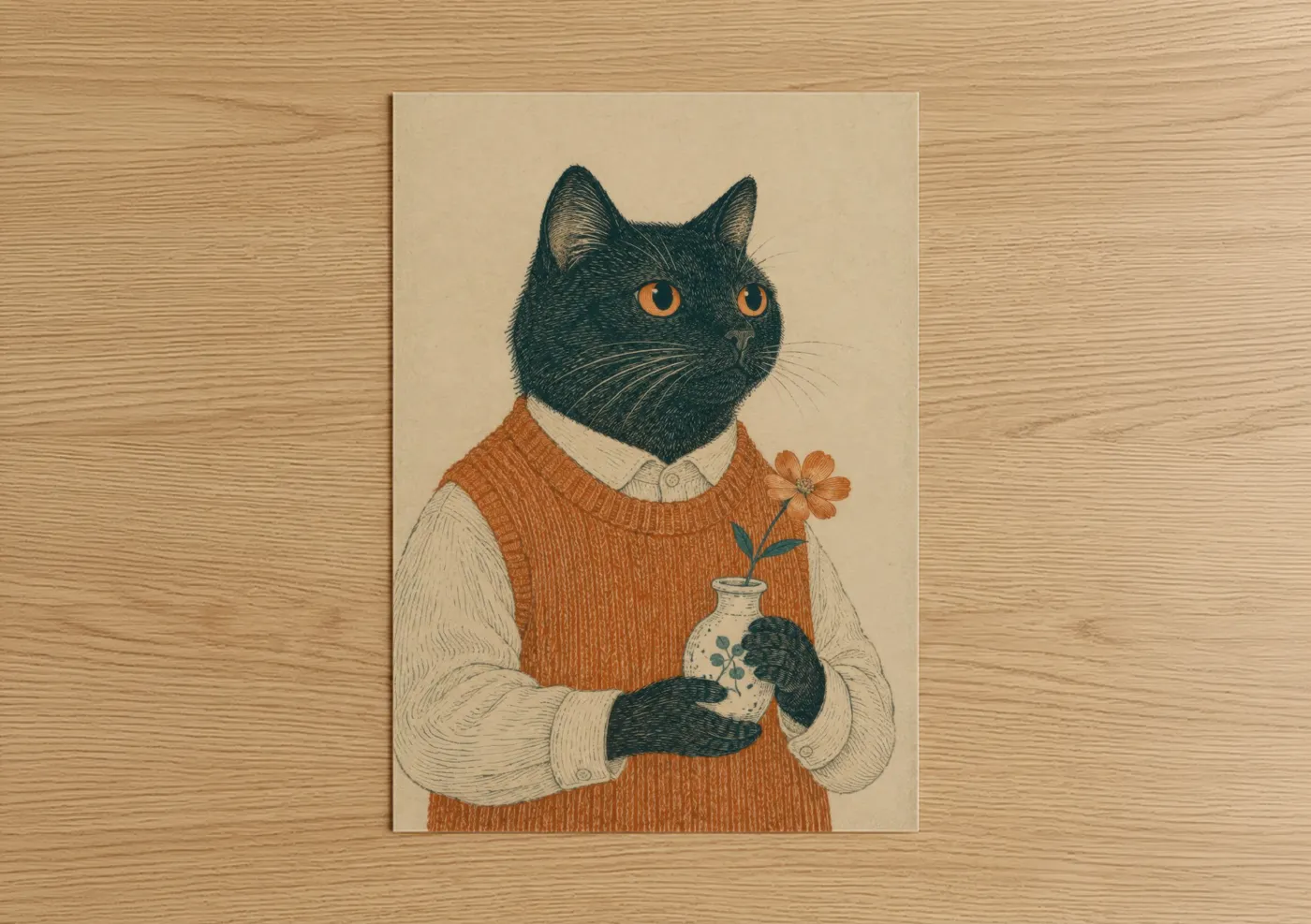 Art print on warm oak wood — orange and cream palette — Black Cat With Flower Vase Wall Art poster