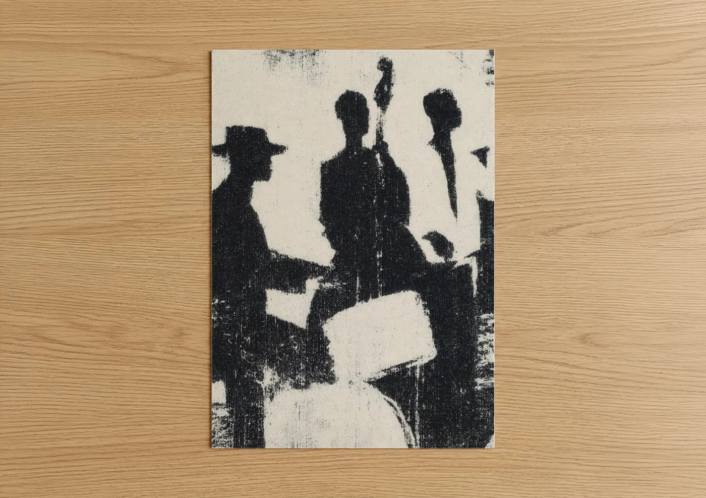 Art print on warm oak wood — black and white and cream palette — Jazz Ensemble Silhouette poster