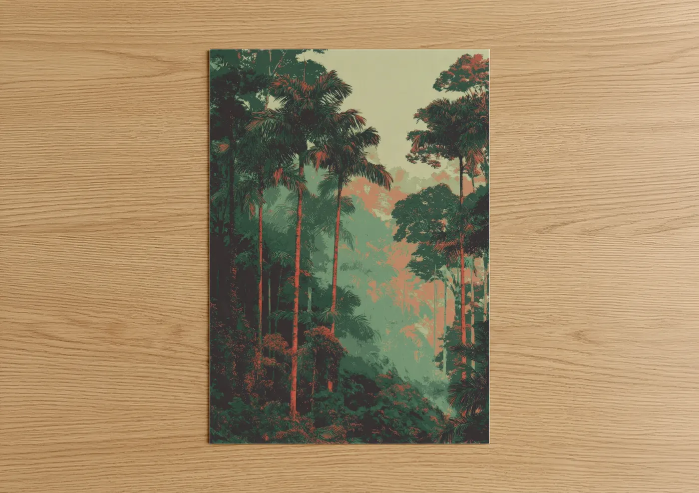 Art print on warm oak wood — sage green and peach palette — Misty Palm Forest poster