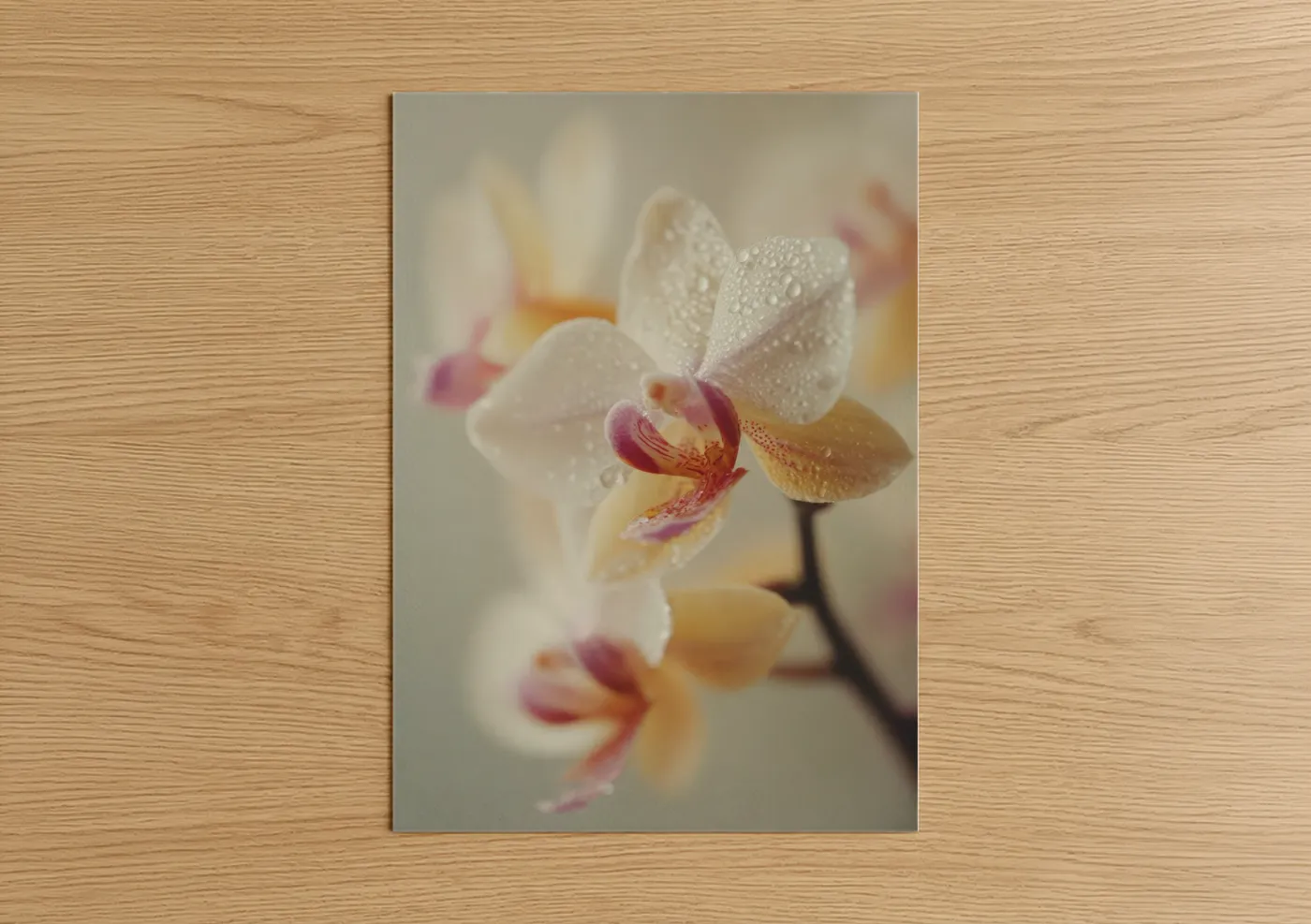 Art print on warm oak wood — cream and rose gold palette — Dewdrop Orchid poster
