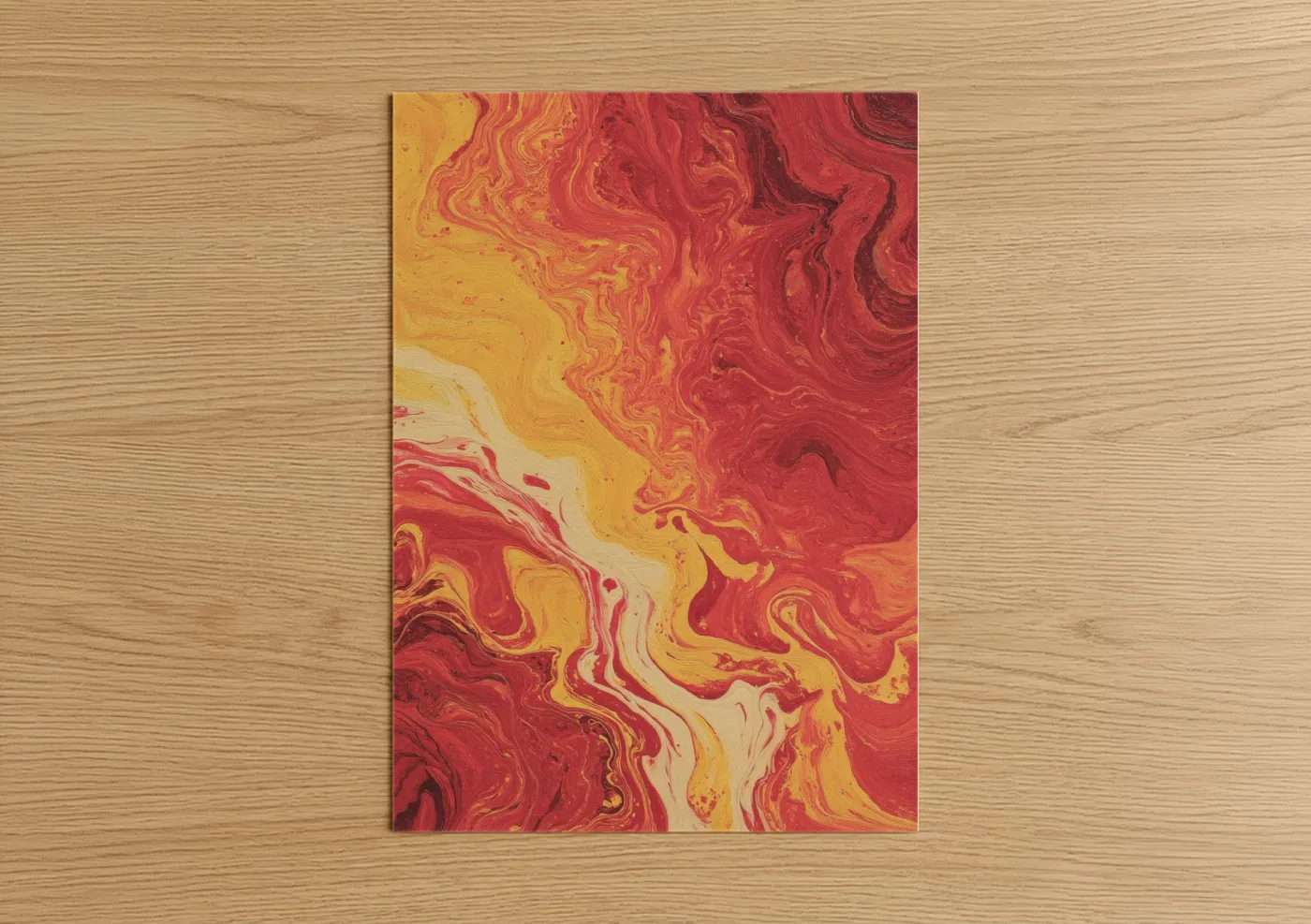 Art print on warm oak wood — red and gold palette — Crimson Volcano poster
