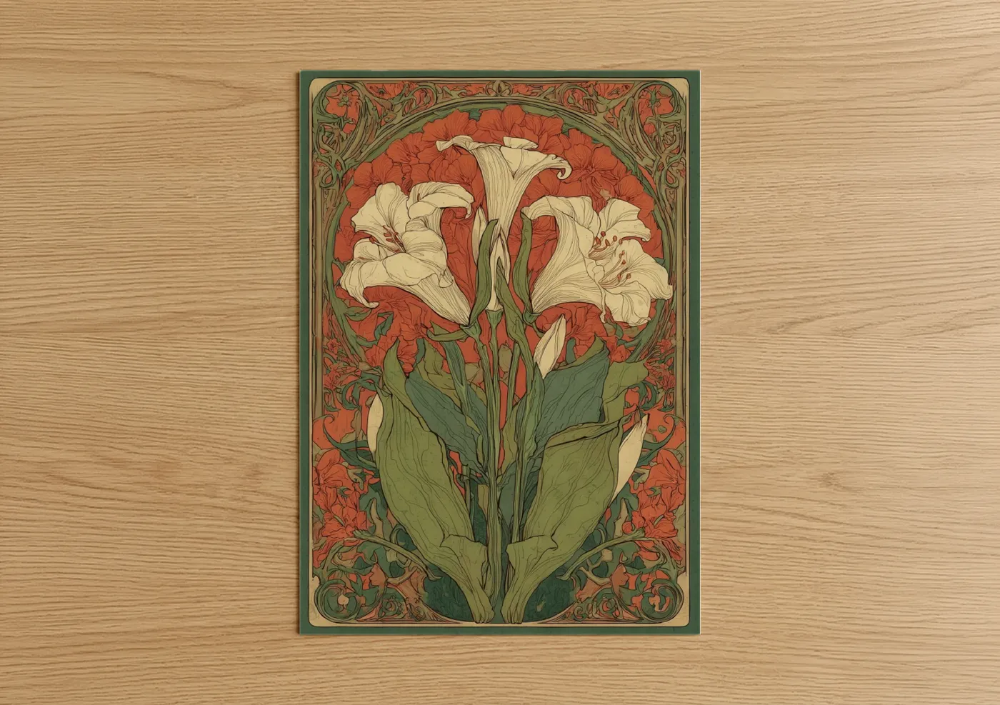 Art print on warm oak wood — cream palette — Cream Lily Blooms poster