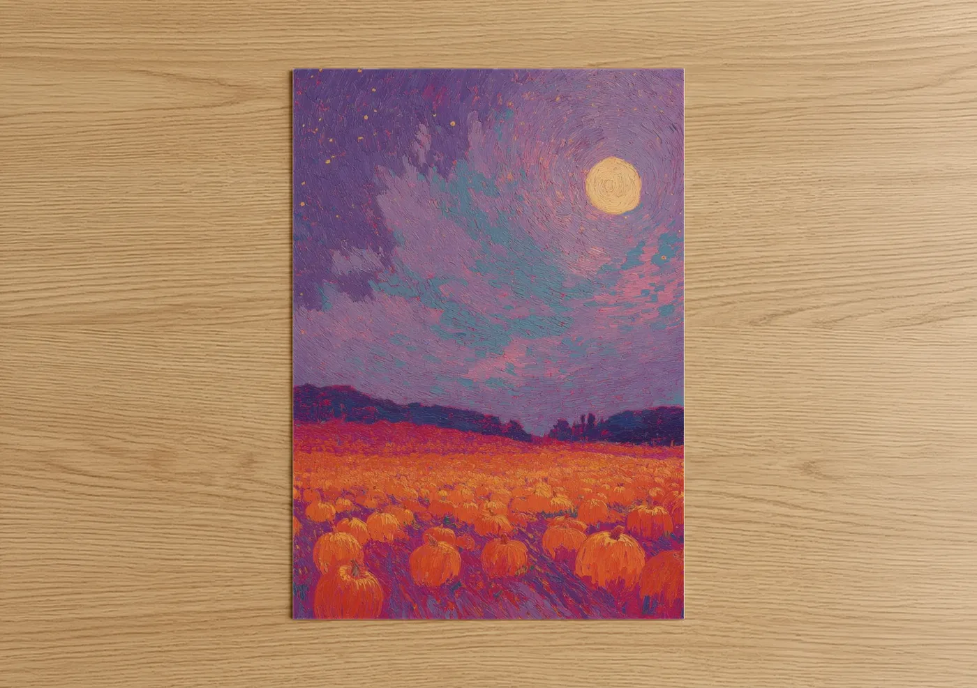 Halloween art print on warm oak wood — purple and orange palette — Mystical Pumpkin Harvest poster