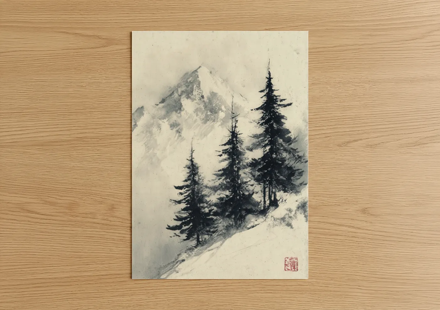 Alps art print on warm oak wood — black and white and gray palette — Snowy Alpine Peak poster