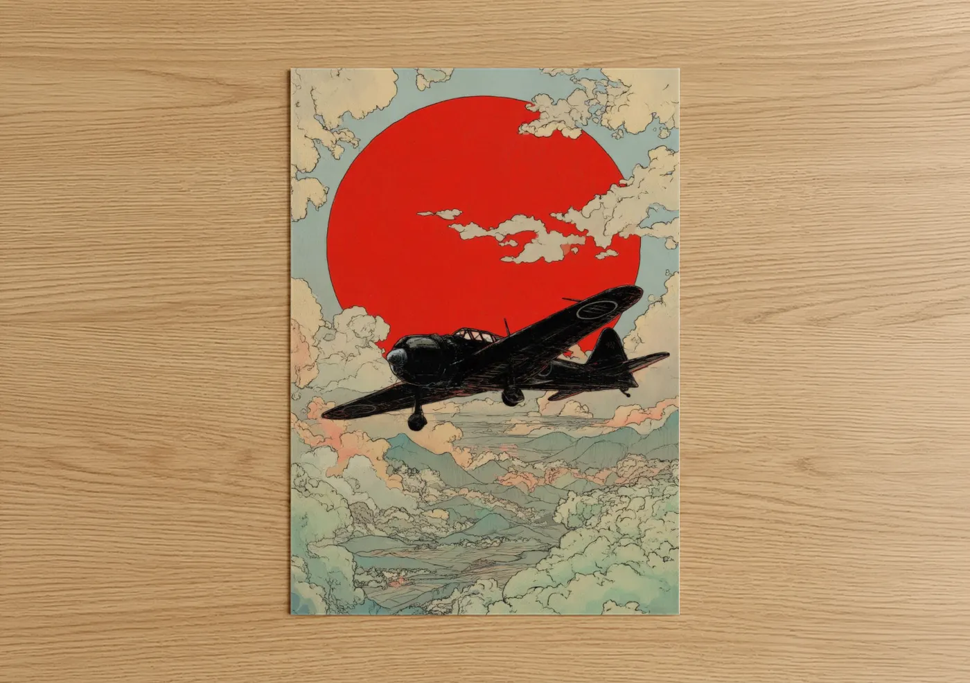 Vintage airplane art print on warm oak wood — red and blue and white palette — Crimson Sky Biplane poster