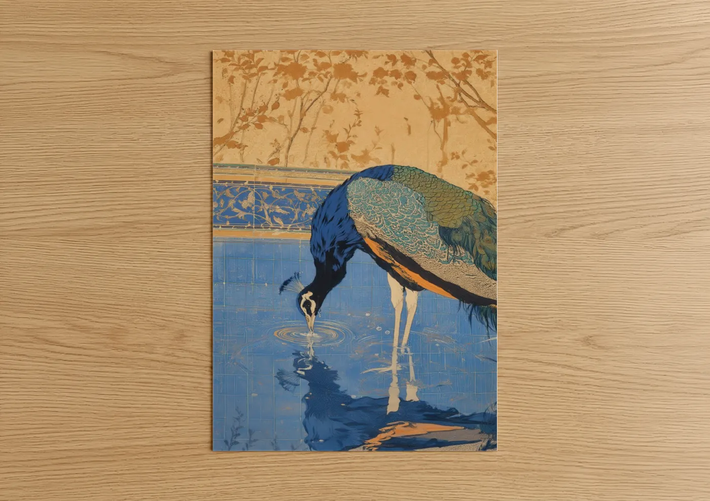 Art print on warm oak wood — blue and gold palette — Reflective Peacock poster