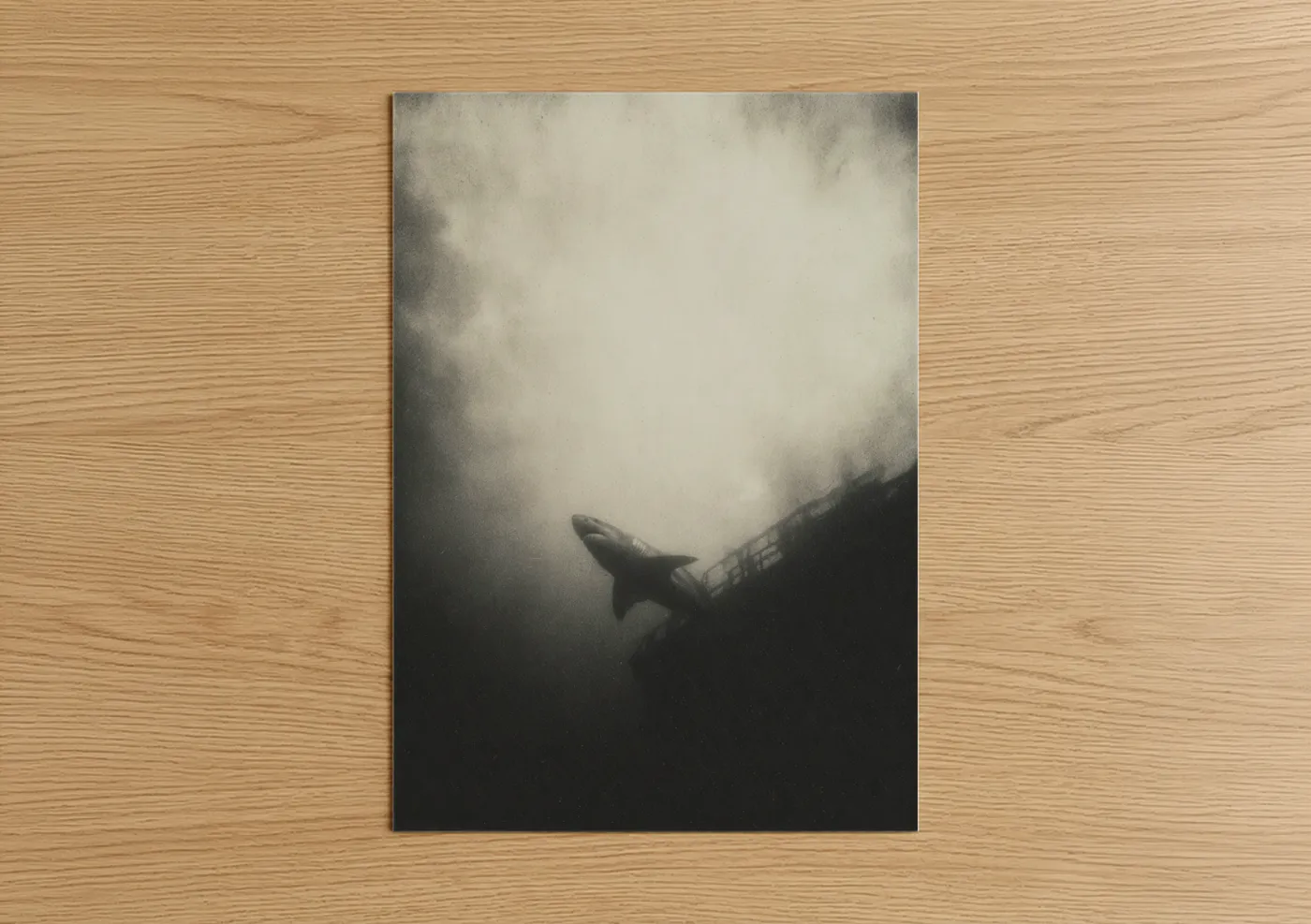 Bull shark art print on warm oak wood — black and white and gray palette — Shipwreck Shark poster