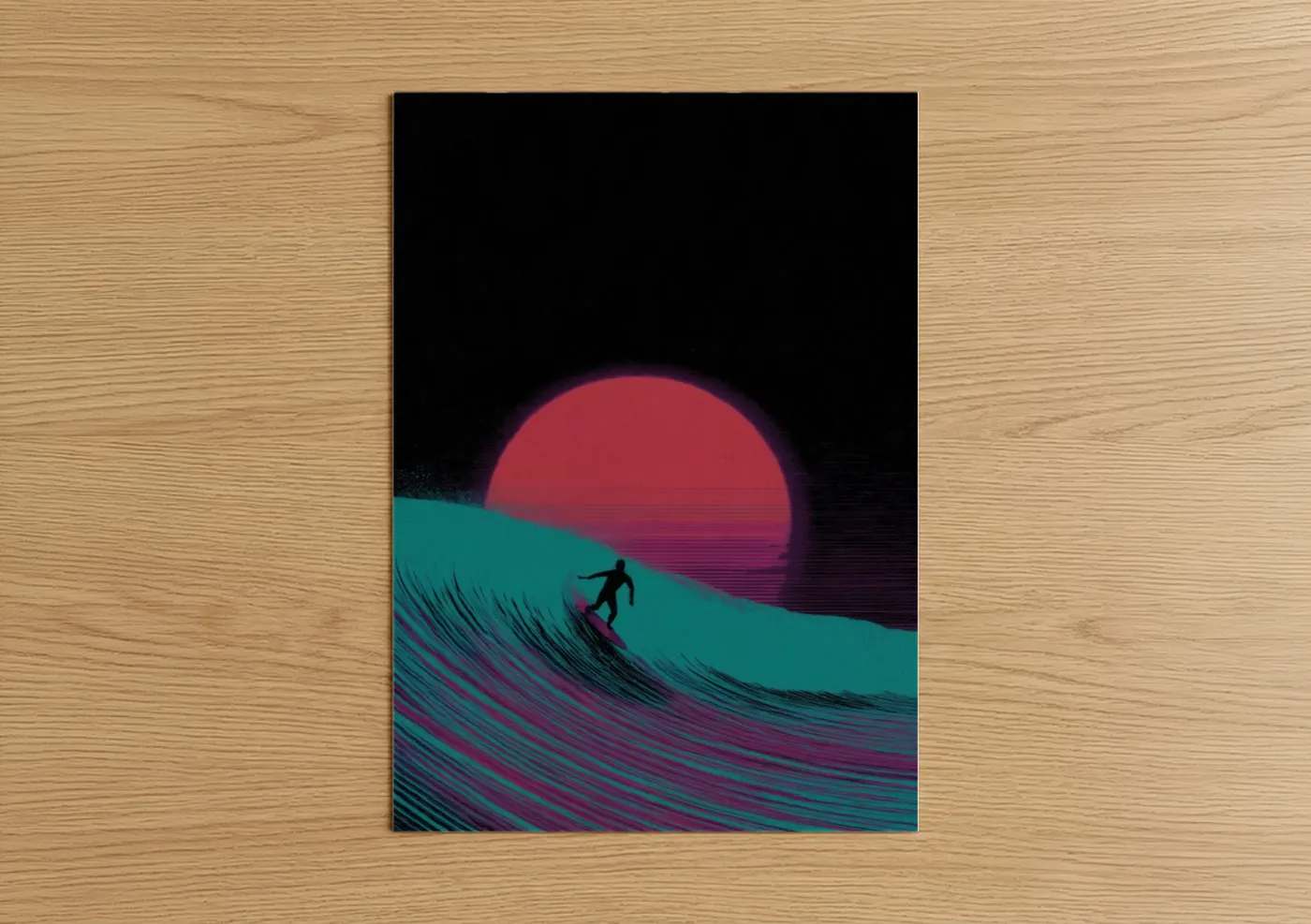 Neon Wave Surfer Retro Sunset Wall Art