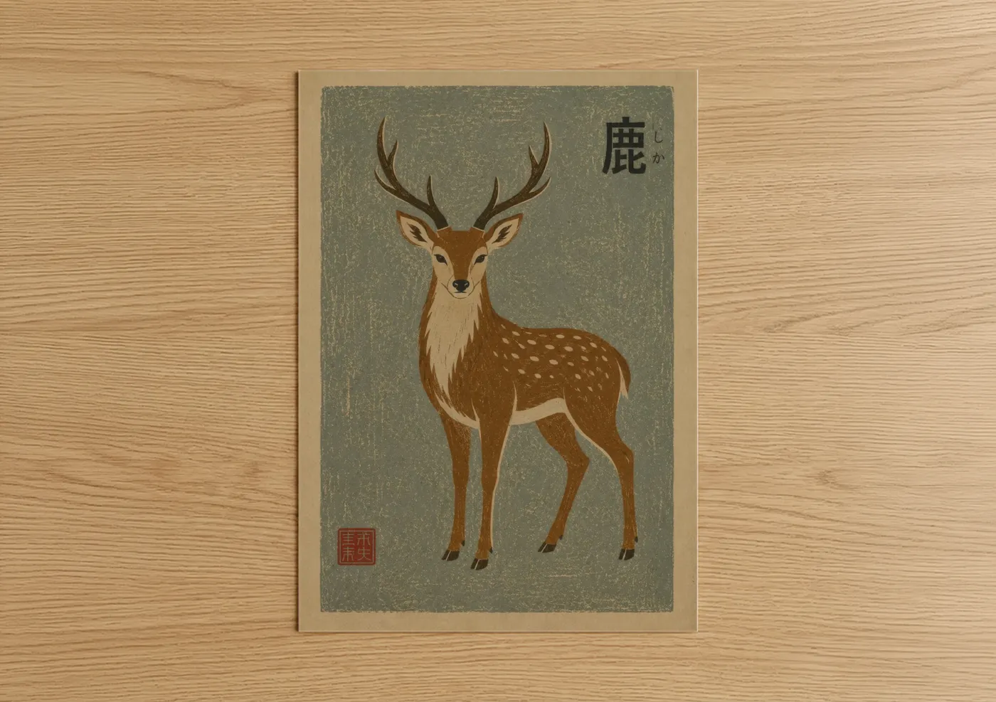 Art print on warm oak wood — beige and sage green palette — Japanese Deer Woodblock Wall Art poster