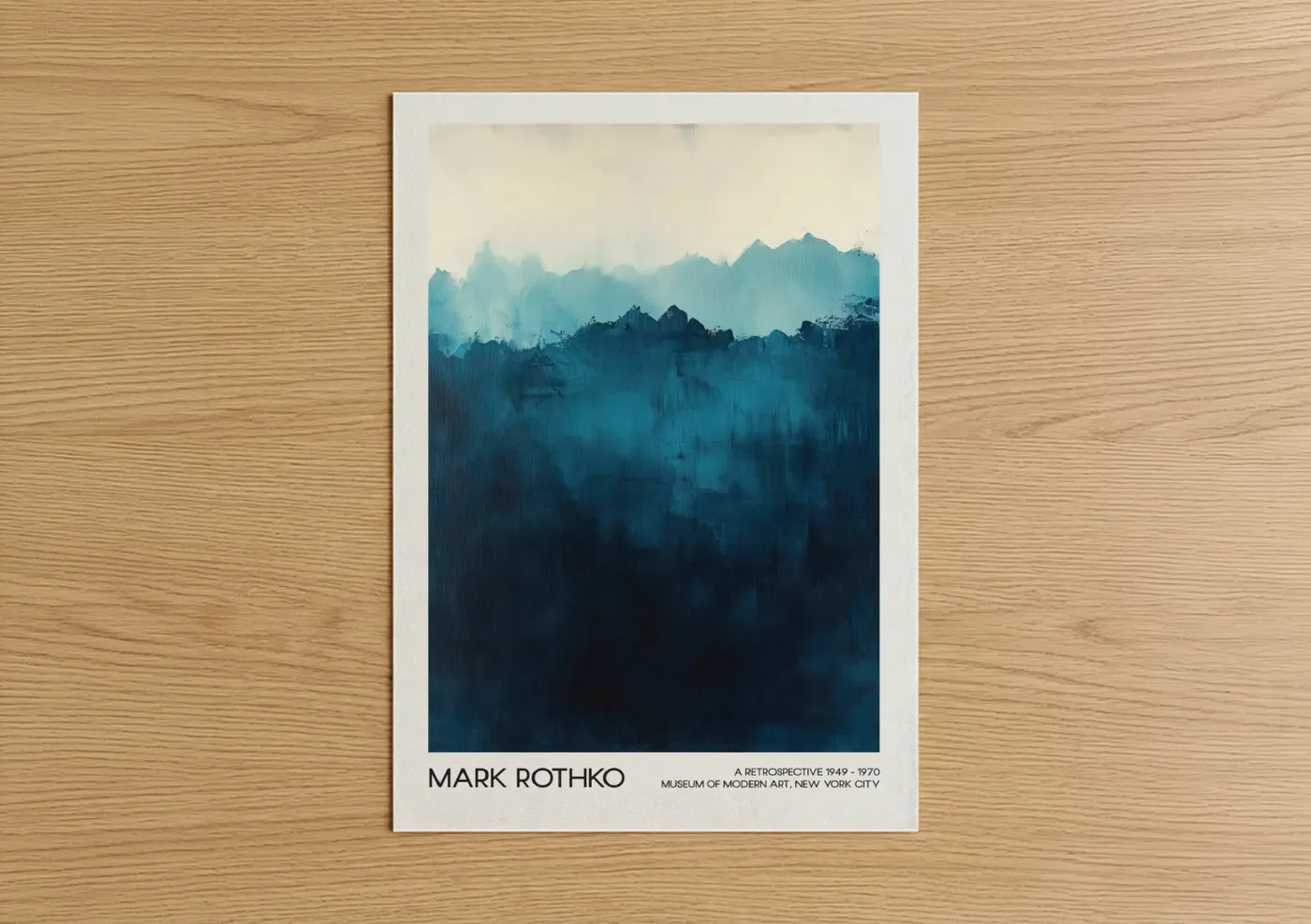 Abstract classic art print on warm oak wood — dark blue and cream palette — Misty Mountain Layers poster